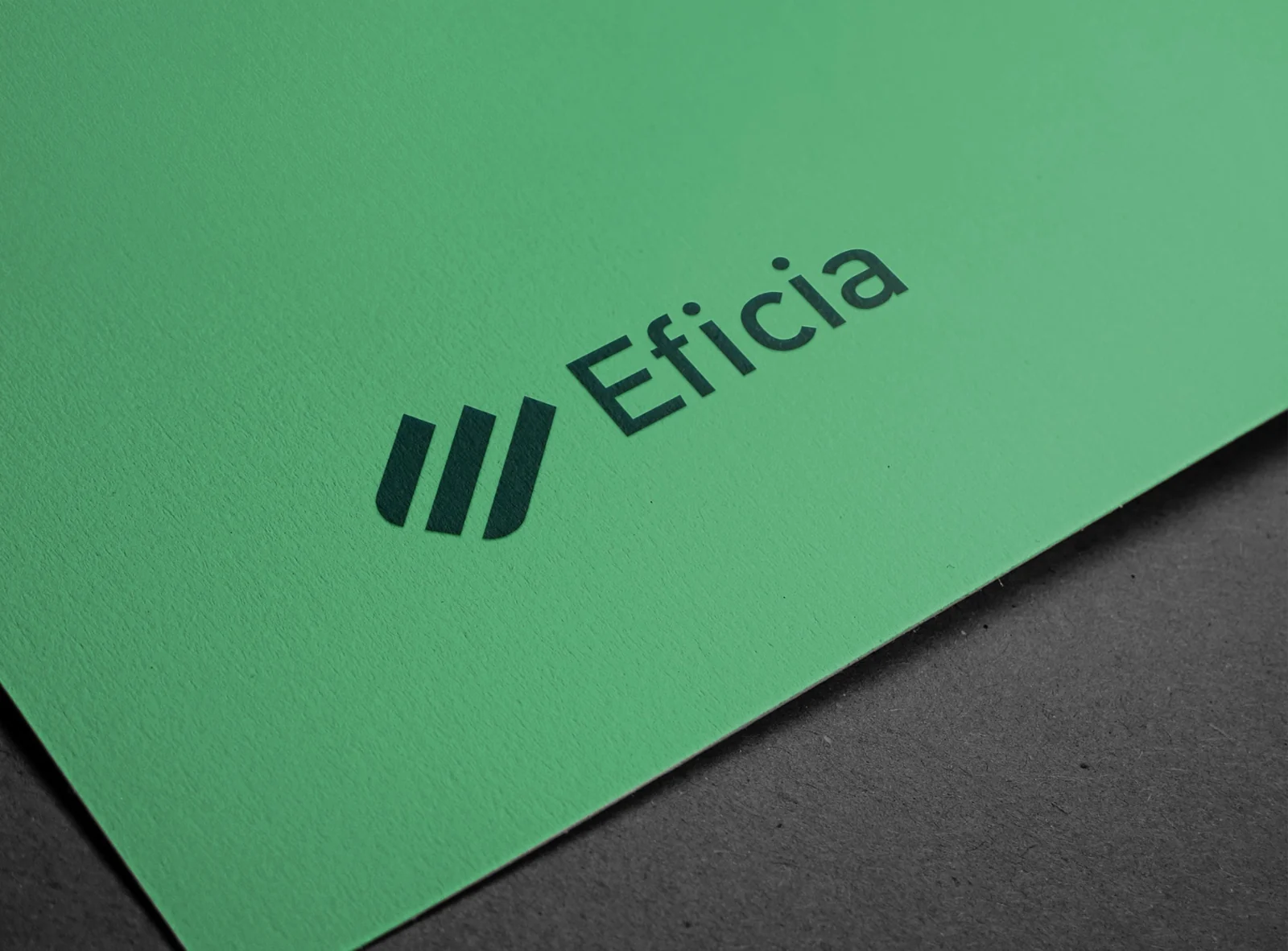 Identidad visual de Eficia impresa sobre una superficie verde
